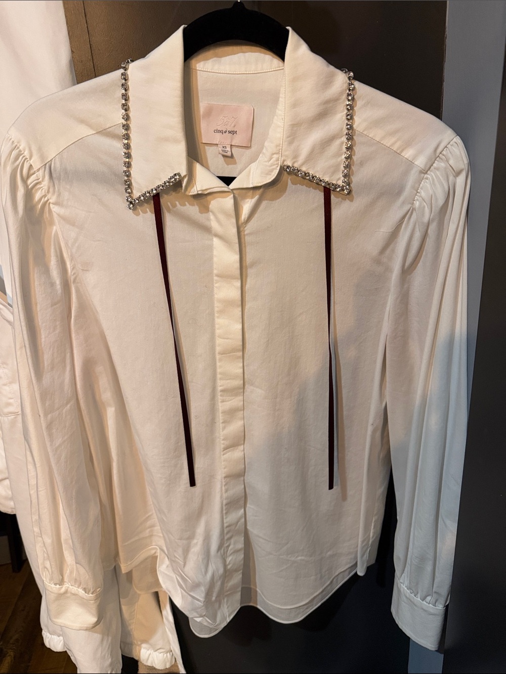 Embellished Collar Cream Blouse with Ribbon Ties RN#115562